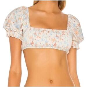 L Space Goldie Bikini Crop Top Medium Smocked Wild Orleander Swimsuit Swim New